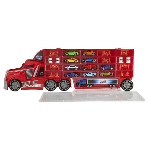 Speed City Stunt Transporter Truck With 11 Vehicles