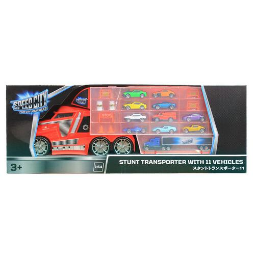 Speed City Stunt Transporter Truck With 11 Vehicles